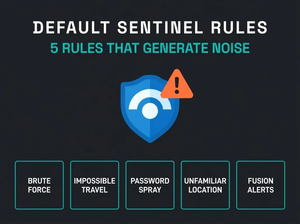 Five default Microsoft Sentinel analytics rules that generate noise: brute force, impossible travel, password spray, unfamiliar location, and Fusion alerts