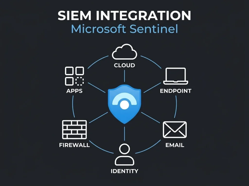 SIEM integration diagram showing Microsoft Sentinel connected to cloud, endpoint, email, identity, firewall, and third-party data sources