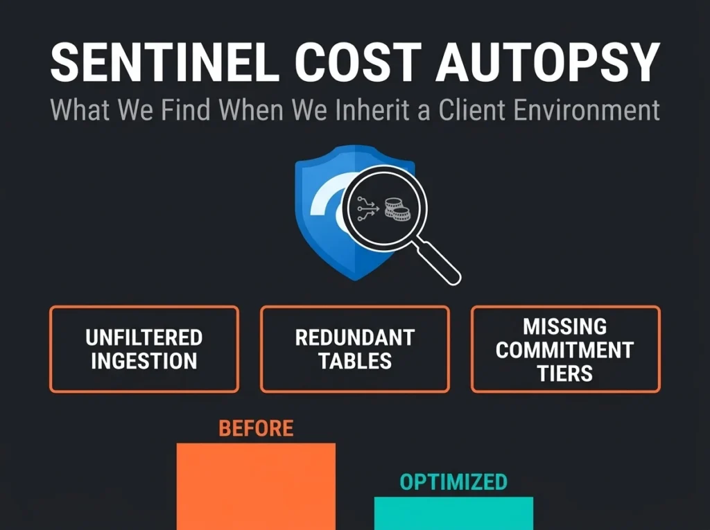 Microsoft Sentinel cost autopsy showing common cost optimization issues found during MSSP onboarding