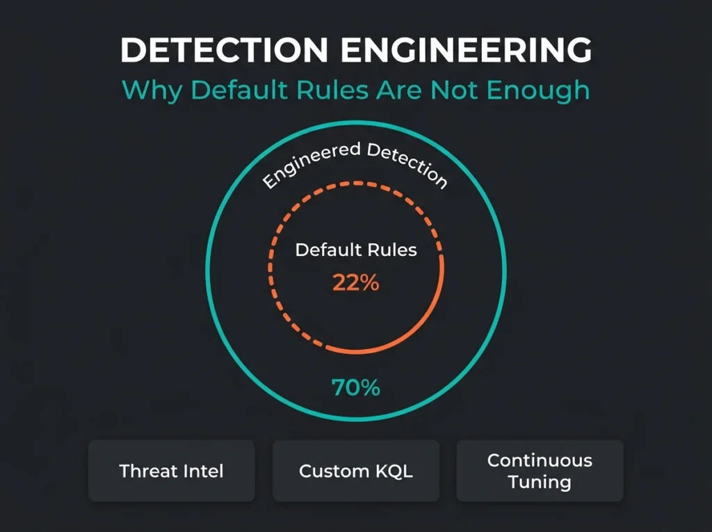 Detection engineering for Microsoft Sentinel showing coverage gap between default rules and custom detection engineering