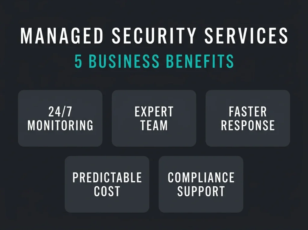 Infographic showing five benefits of managed security services: 24/7 monitoring, expert team, faster response, predictable cost, and compliance support.