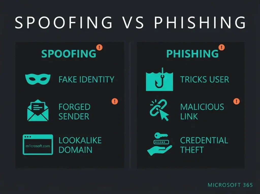 Infographic explaining spoofing vs phishing in Microsoft 365