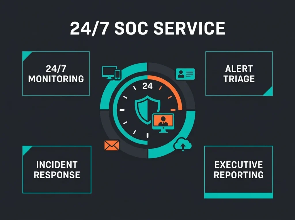 24/7 SOC service infographic with monitoring, triage, response, and reporting panels