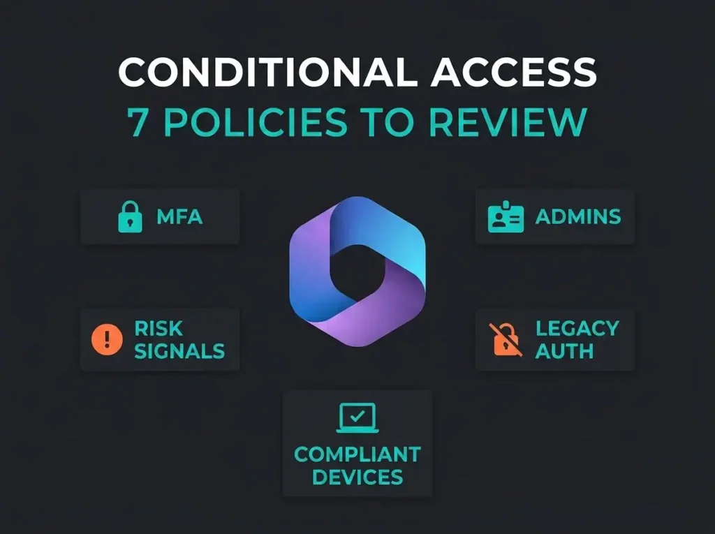 Infographic showing Conditional Access and five Microsoft 365 policy areas: MFA, admin access, legacy authentication, compliant devices, and risk signals.