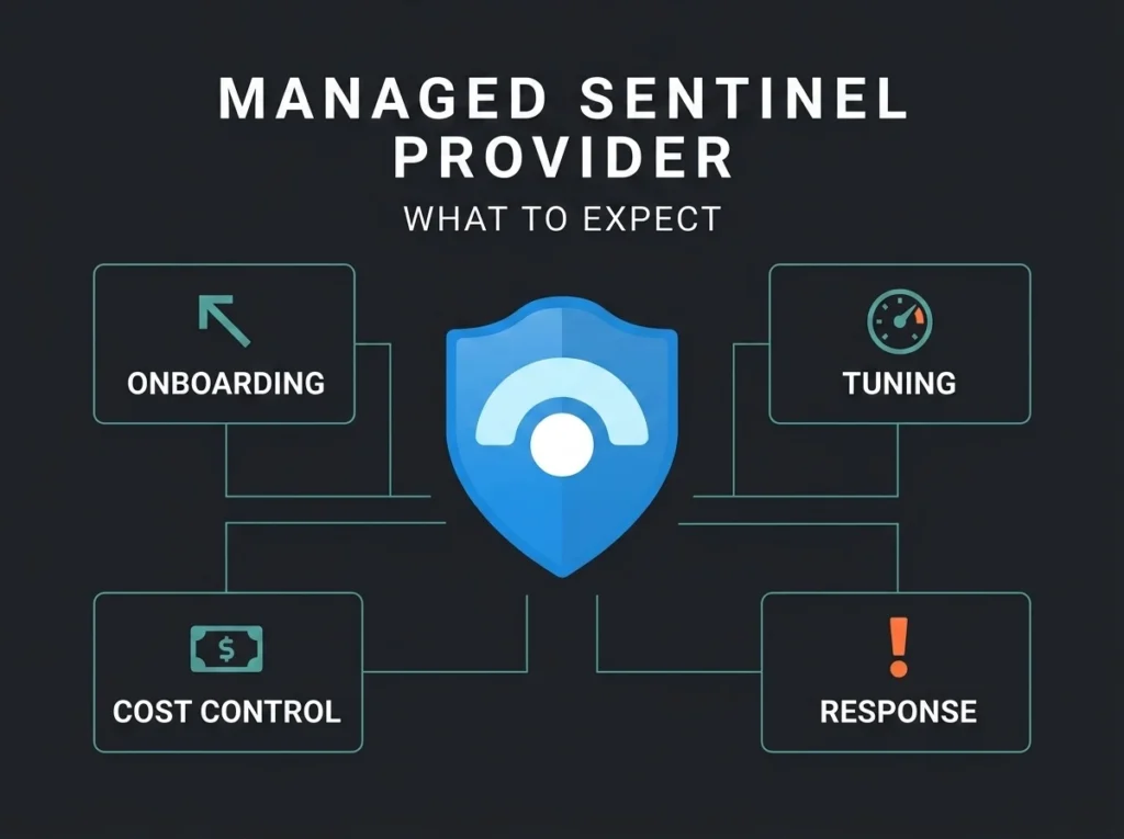 Infographic showing what to expect from a managed Sentinel provider: onboarding, tuning, cost control, and response.
