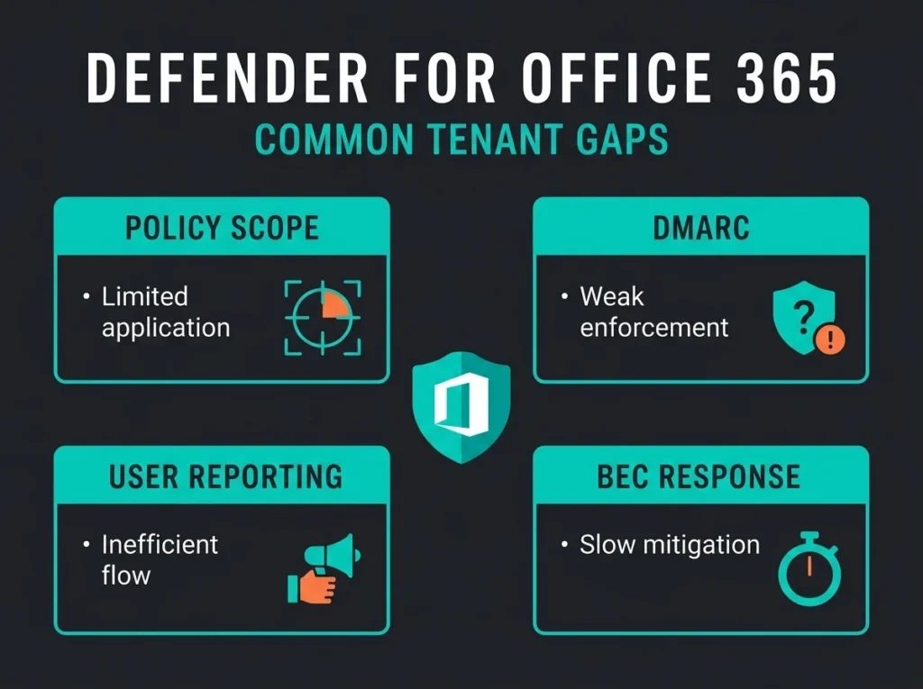 Defender for Office 365 gaps infographic showing common tenant email security gaps