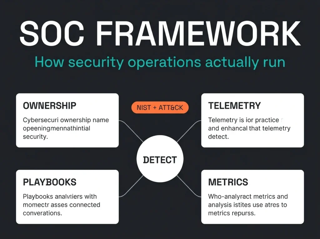 SOC framework infographic showing ownership, telemetry, playbooks, and metrics around detection