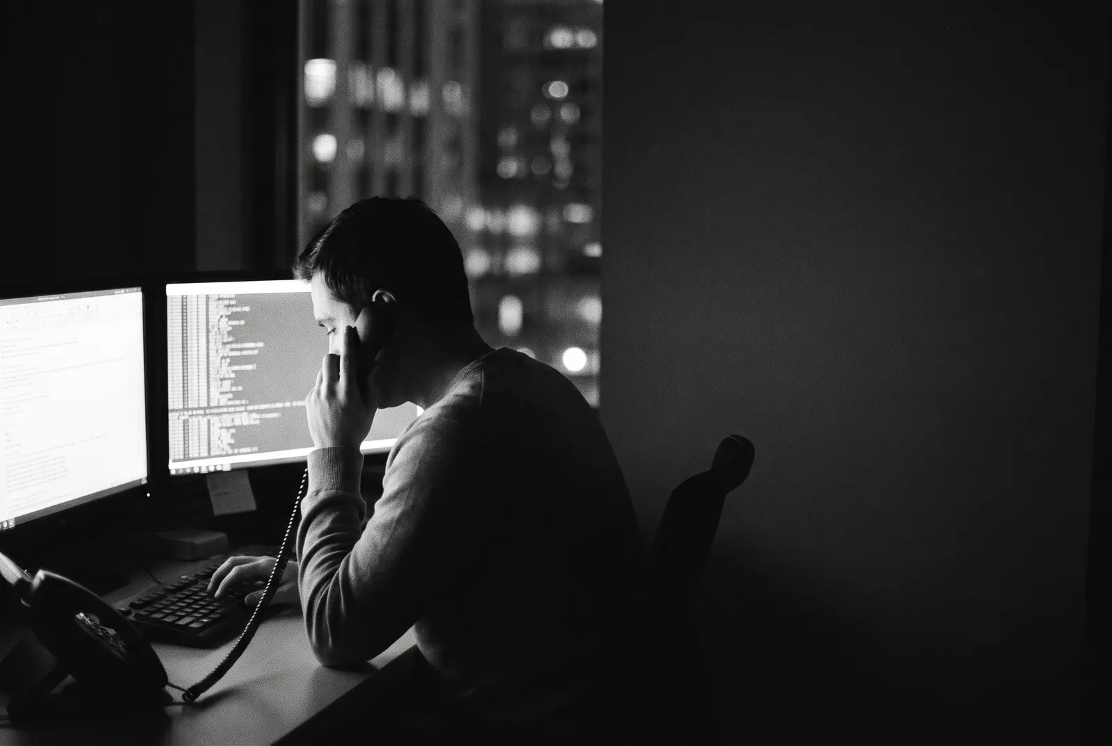 A Falconer analyst on the phone at a desk late at night, working an incident