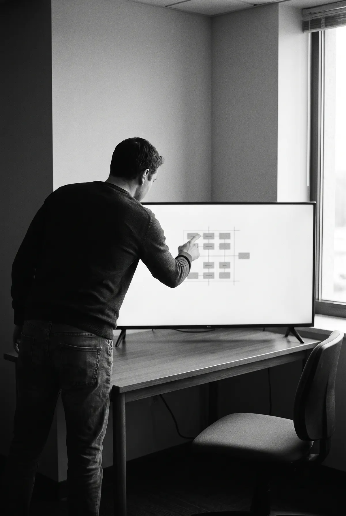 A Falconer engineer tracing an Azure architecture diagram on a large screen