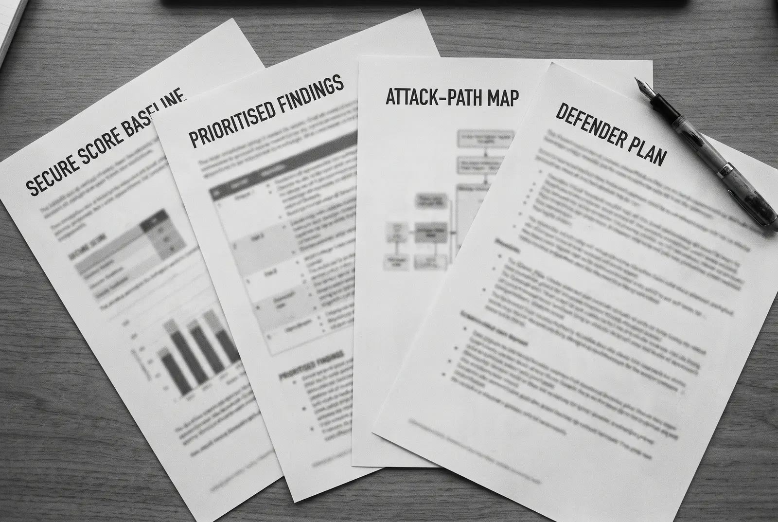 The four printed Azure artifacts on a desk: Secure Score baseline, prioritised findings, attack-path map and Defender plan