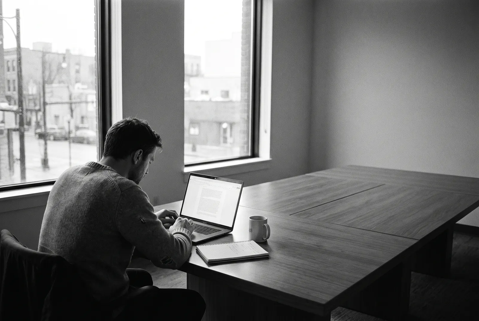 A Falconer engineer working through an Azure estate from a laptop in a quiet meeting room