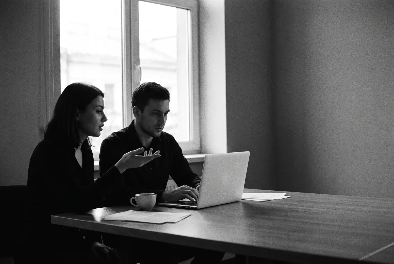 A Falconer security lead talking through a decision while an engineer implements it on a laptop