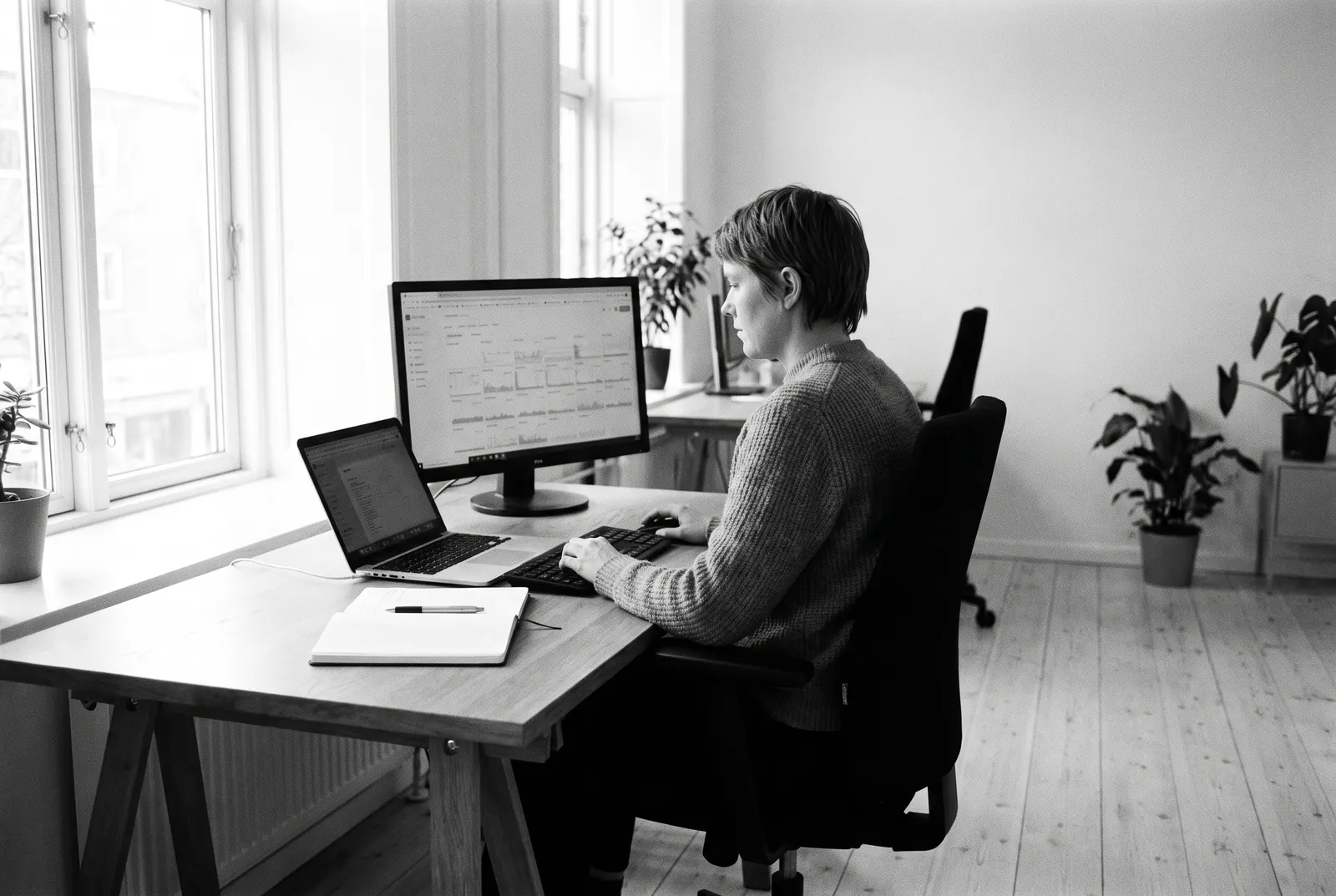 A Falconer security engineer reviewing tenant data at a desk in a quiet office
