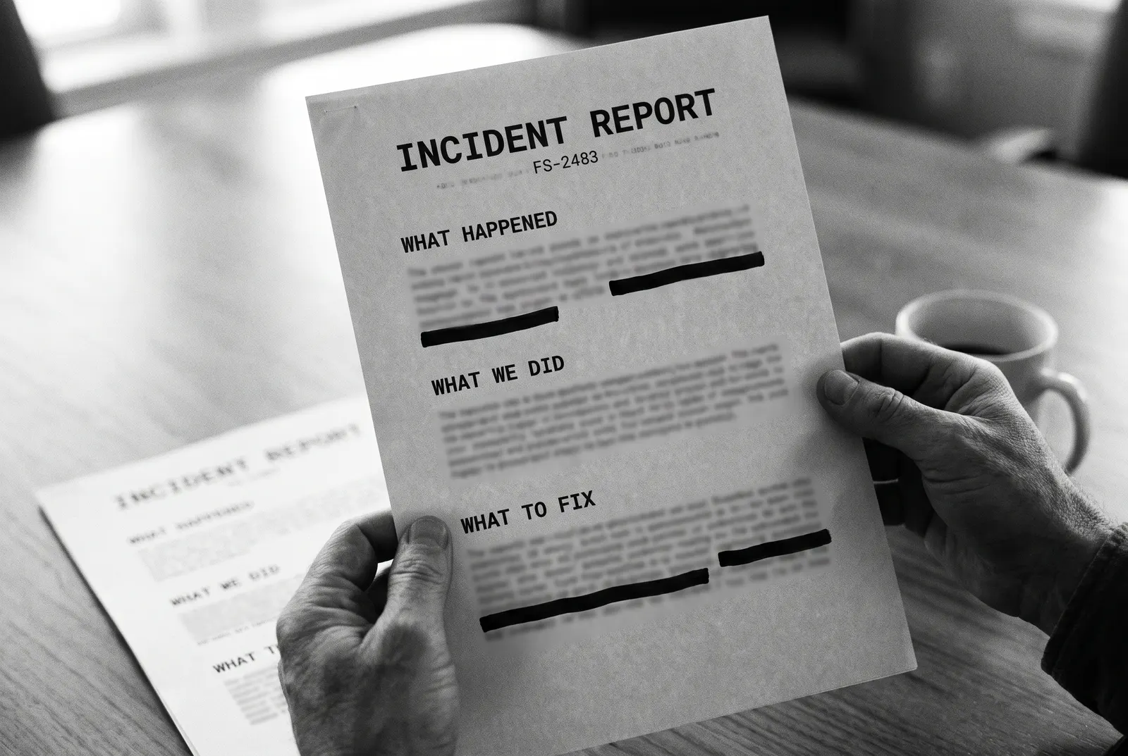 A printed Falconer incident report, FS-2483, held at a table with several passages redacted in black marker