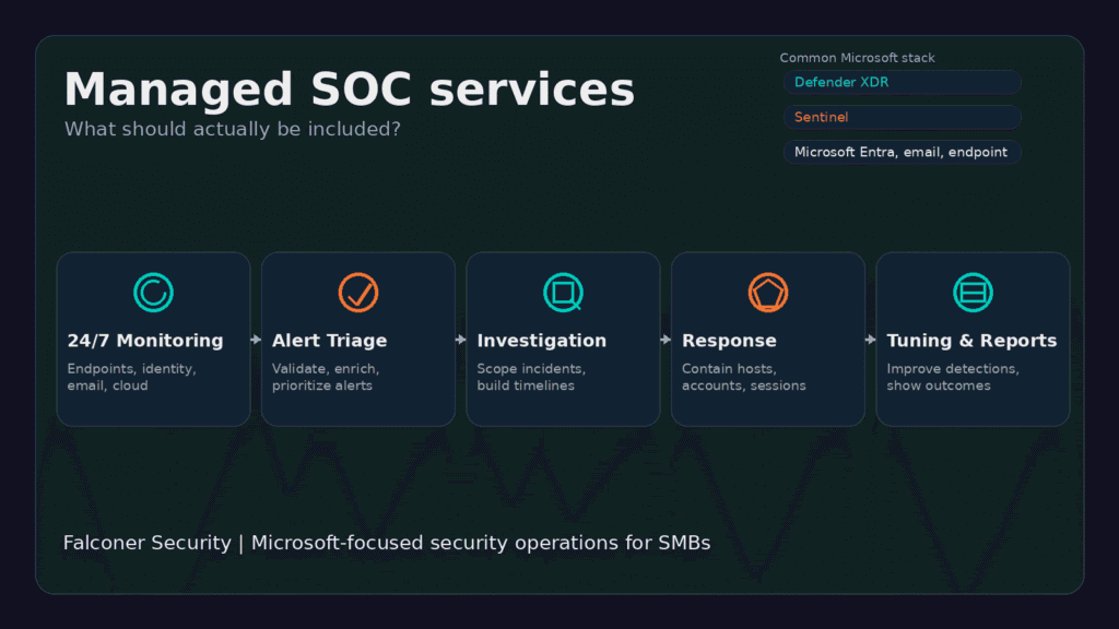 Managed SOC services stages: 24/7 monitoring, alert triage, investigation, response, and tuning and reporting across Microsoft Defender XDR and Sentinel