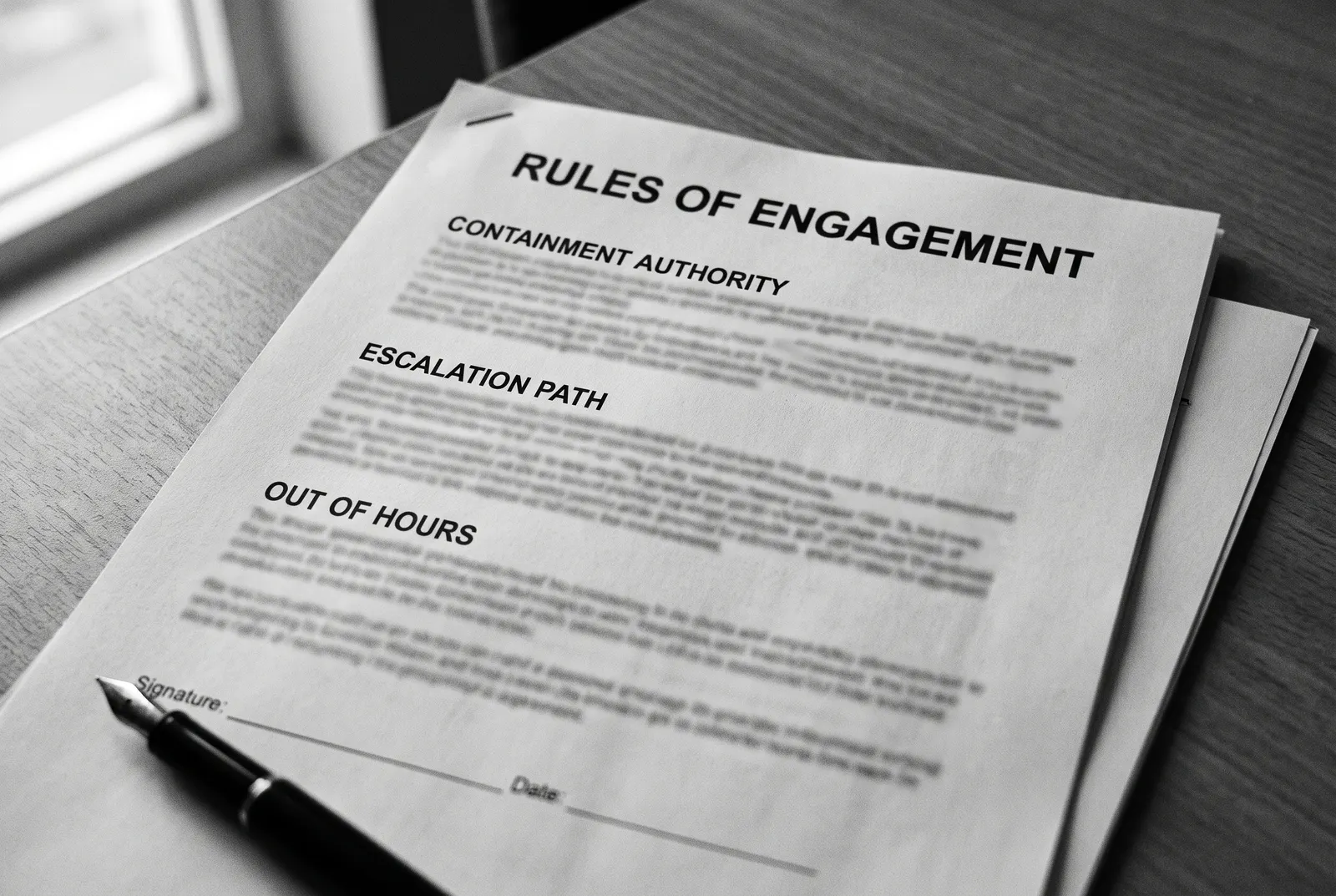 A printed rules of engagement document showing containment authority, escalation path and out of hours sections, with a pen on the signature line